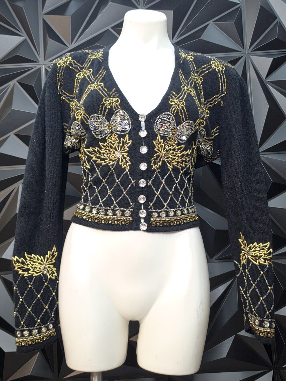 Embellished Black V-Neck Sweater Cardigan with Gold Detail